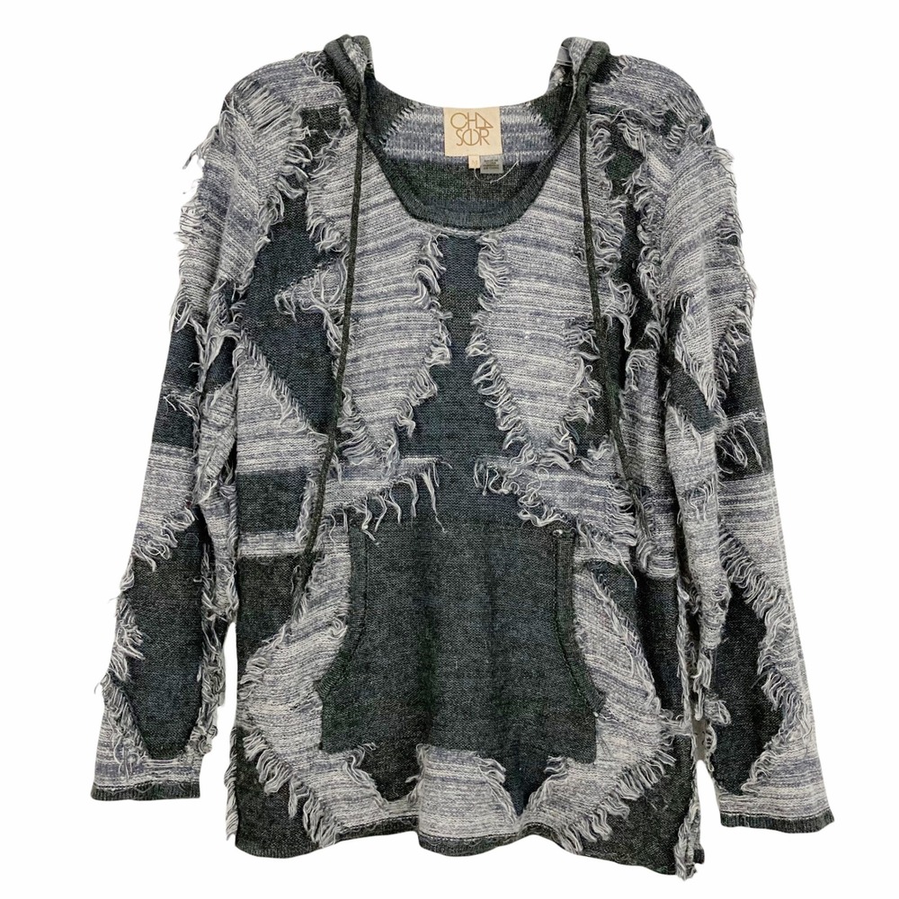 Chaser Hooded Sweater Size M Gray Kangaroo Pocket Fringe Long Sleeve